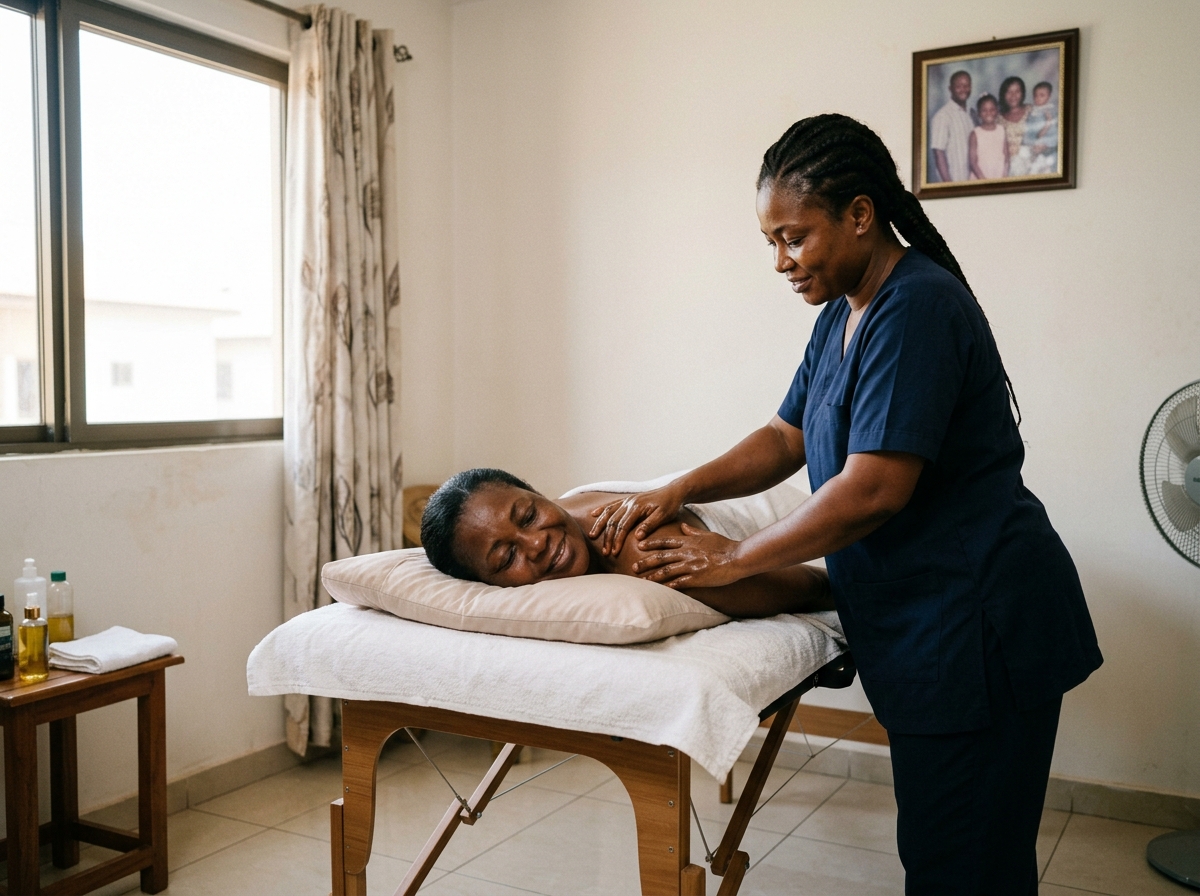 Therapist setting up mobile massage table in an Accra home