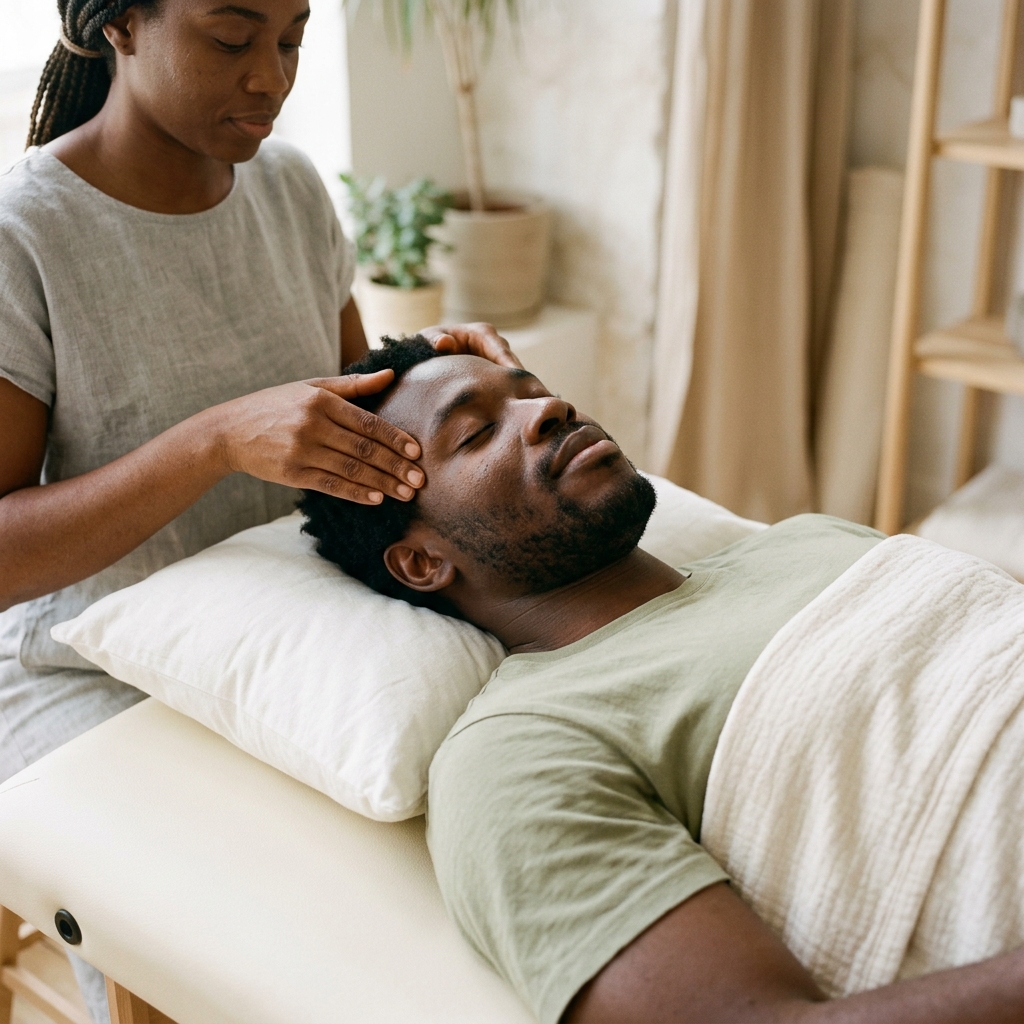 Client enjoying relaxing head massage